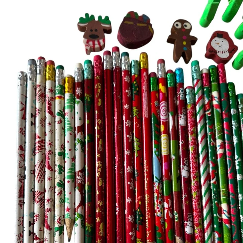 Christmas Pencils  Erasers Holiday Vintage‎ y2k School Classroom Supplies B20Q